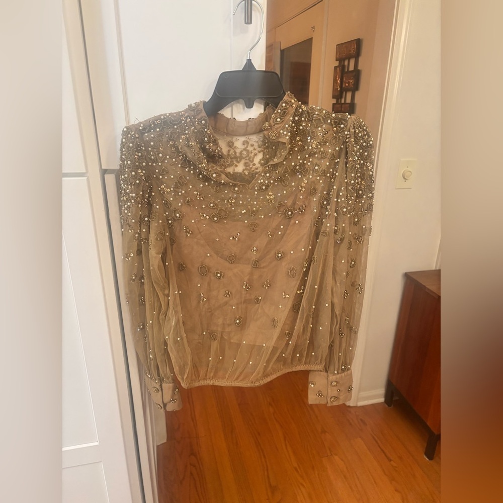 Farm Rio embellished tulle long sleeve blouse in caramel tan beaded - Picture 6 of 8